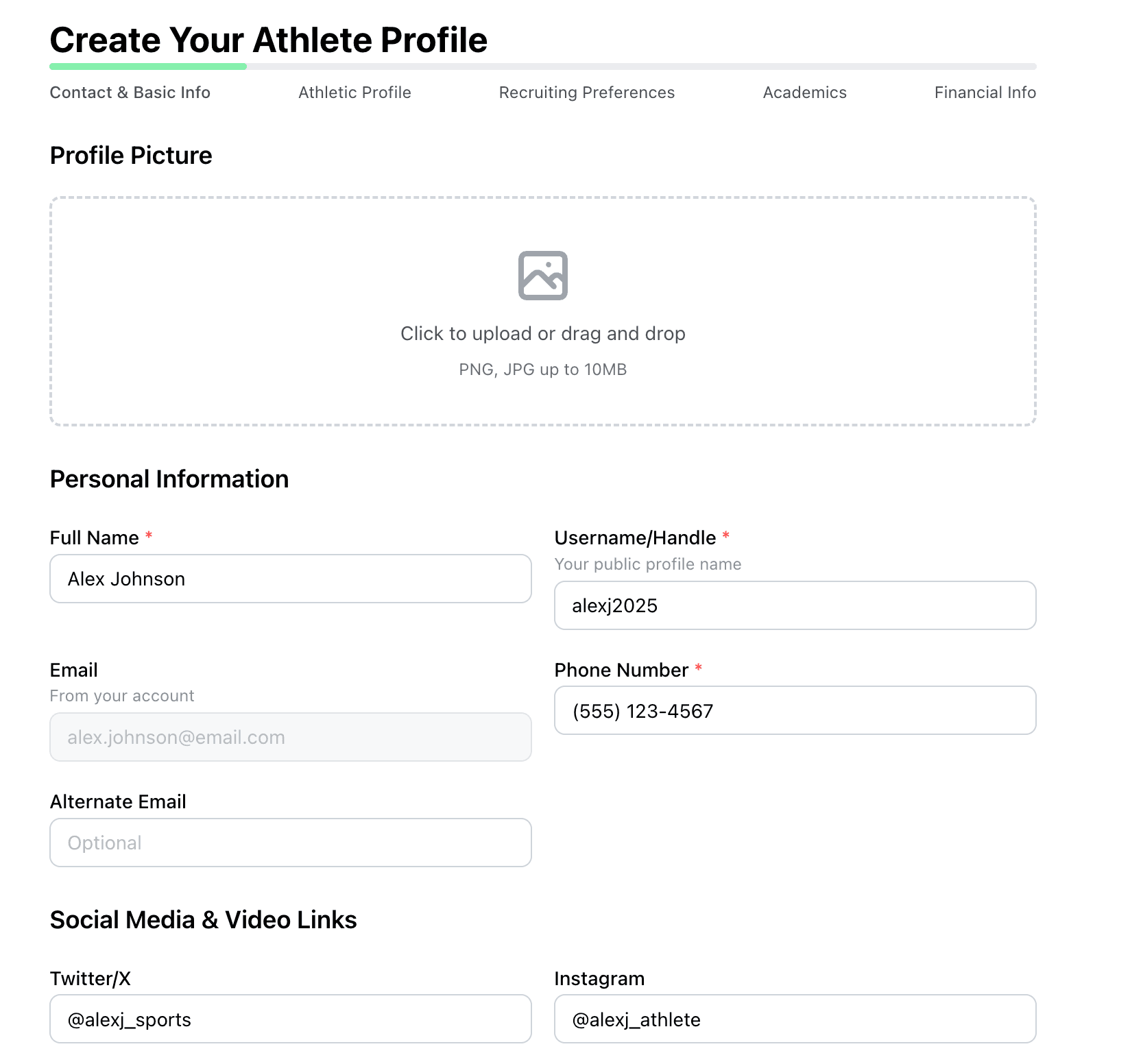 Profile creation page showing athlete onboarding form